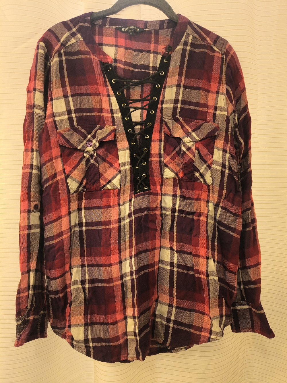 Express Lace-Up Plaid Button-Front Shirt in Burgundy/Rust